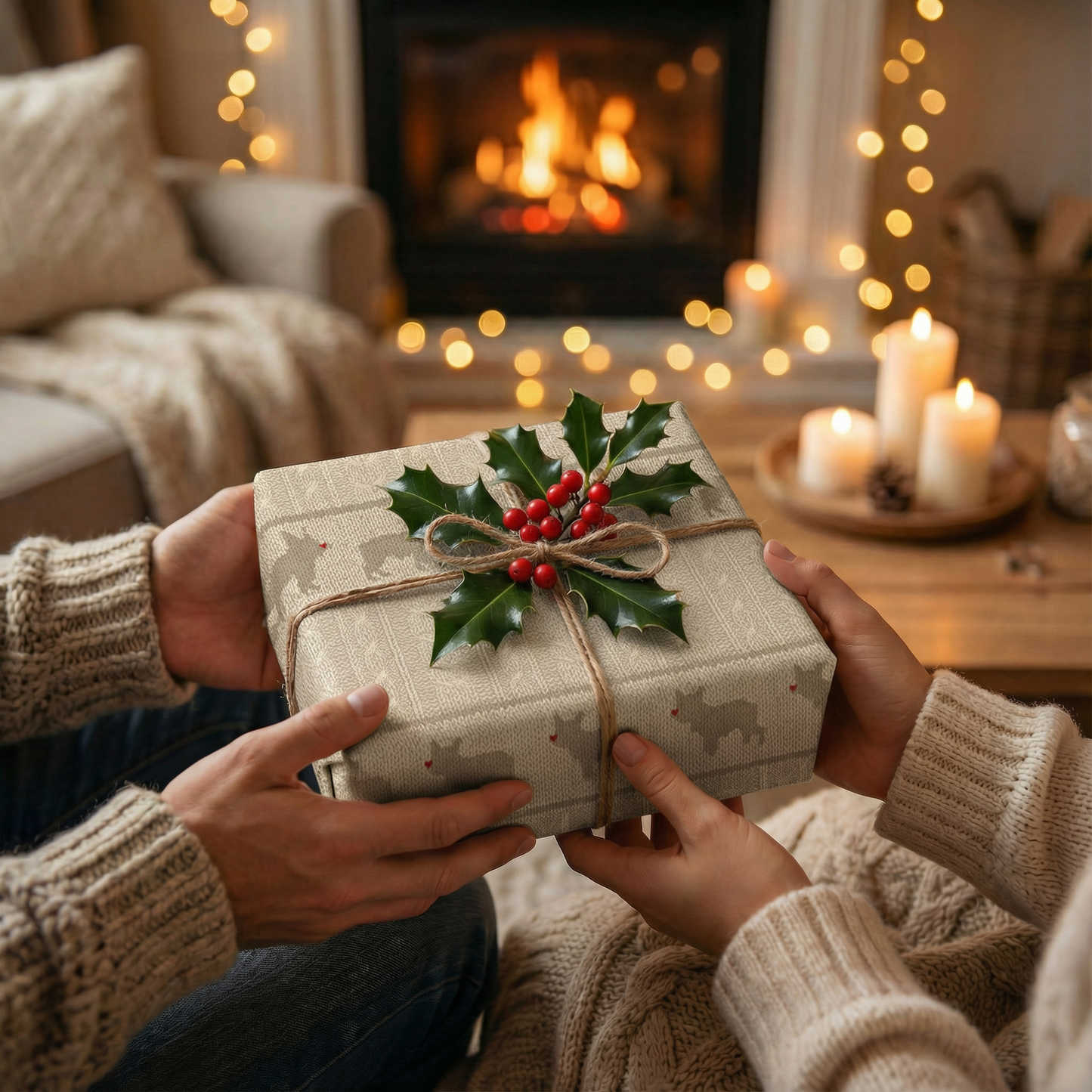 Rustic French Bulldog Kraft Wrapping Paper — Neutral Holiday Gift Wrap (Scandinavian Knit Pattern)