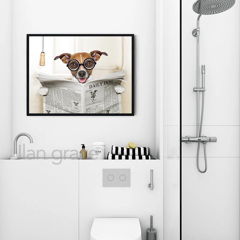 Dog Reading Newspaper Toilet Wall Art Canvas
