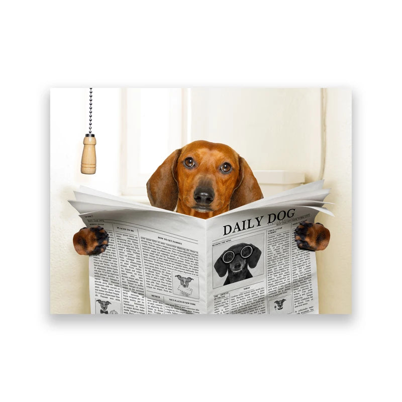 Dog Reading Newspaper Toilet Wall Art Canvas