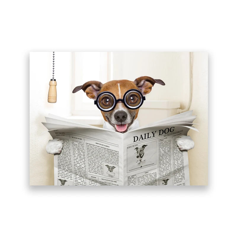 Dog Reading Newspaper Toilet Wall Art Canvas
