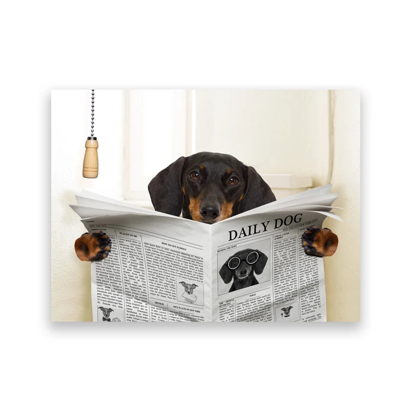 Dog Reading Newspaper Toilet Wall Art Canvas