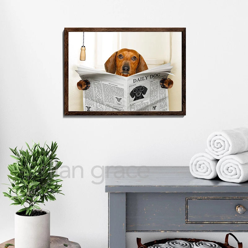 Dog Reading Newspaper Toilet Wall Art Canvas