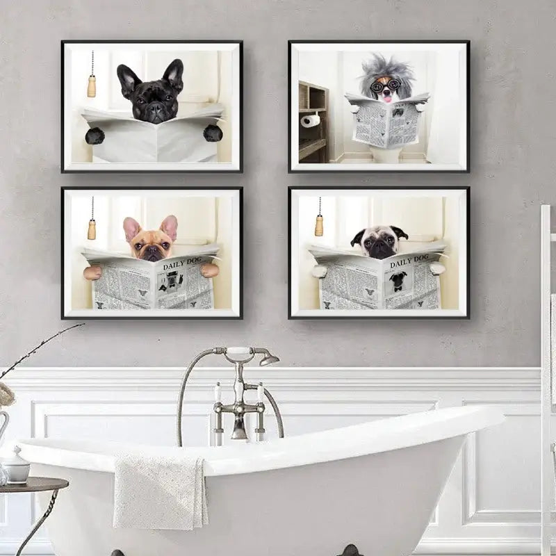 Four framed prints of dogs in a bathroom setting with a bathtub below.