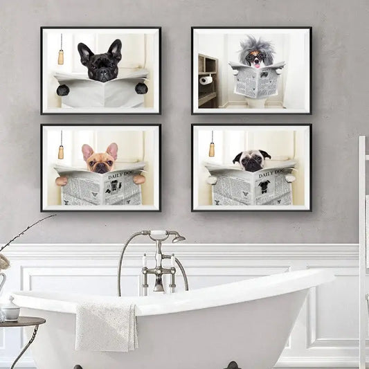 Four framed prints of dogs in a bathroom setting with a bathtub below.