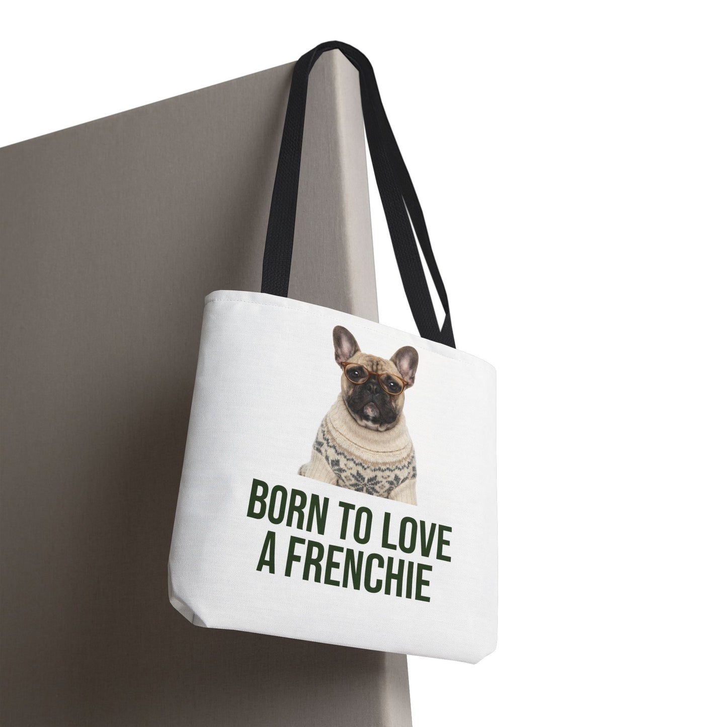 Born to Love a Frenchie Tote Bag — French Bulldog Nordic Sweater Design