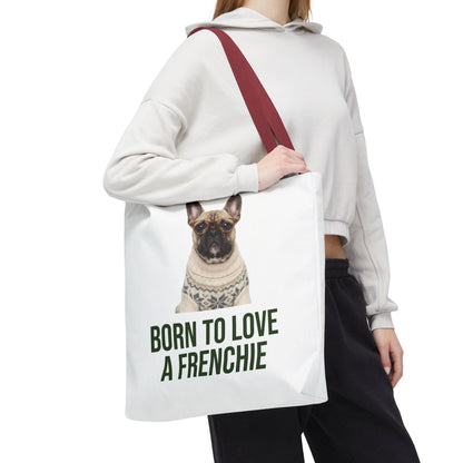 Born to Love a Frenchie Tote Bag — French Bulldog Nordic Sweater Design