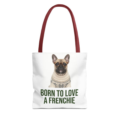 Born to Love a Frenchie Tote Bag — French Bulldog Nordic Sweater Design