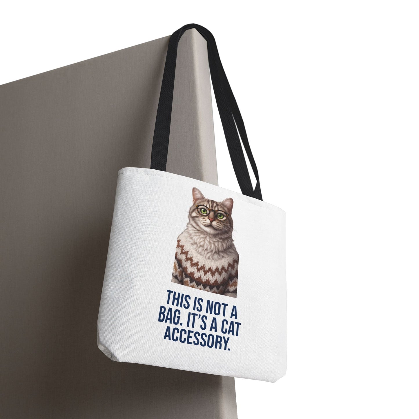 Tabby Cat with Glasses & Nordic Sweater Tote Bag — "This Is Not a Bag. It's a Cat Accessory"