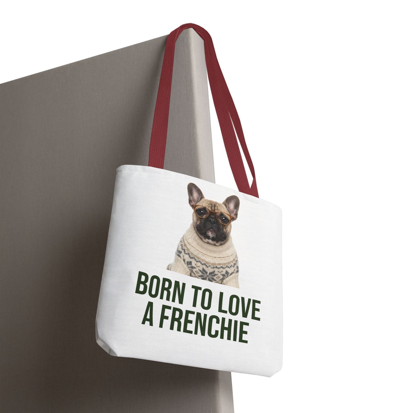 Born to Love a Frenchie Tote Bag — French Bulldog Nordic Sweater Design