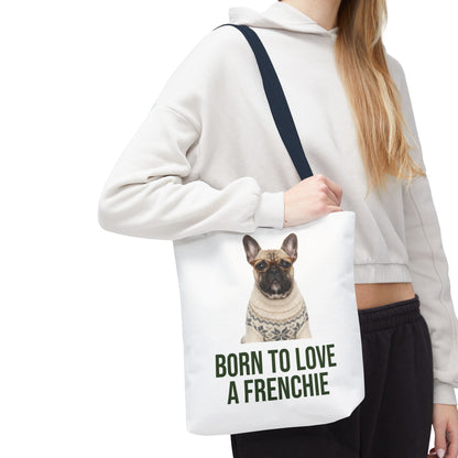 Born to Love a Frenchie Tote Bag — French Bulldog Nordic Sweater Design