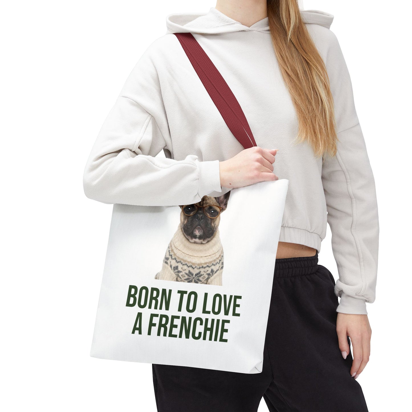 Born to Love a Frenchie Tote Bag — French Bulldog Nordic Sweater Design