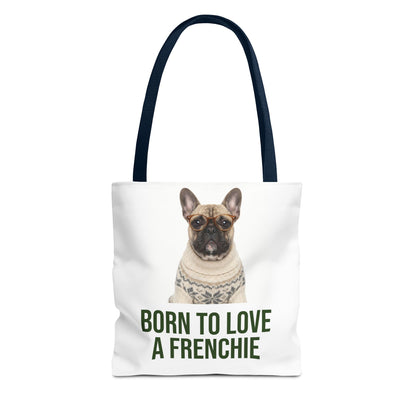 Born to Love a Frenchie Tote Bag — French Bulldog Nordic Sweater Design