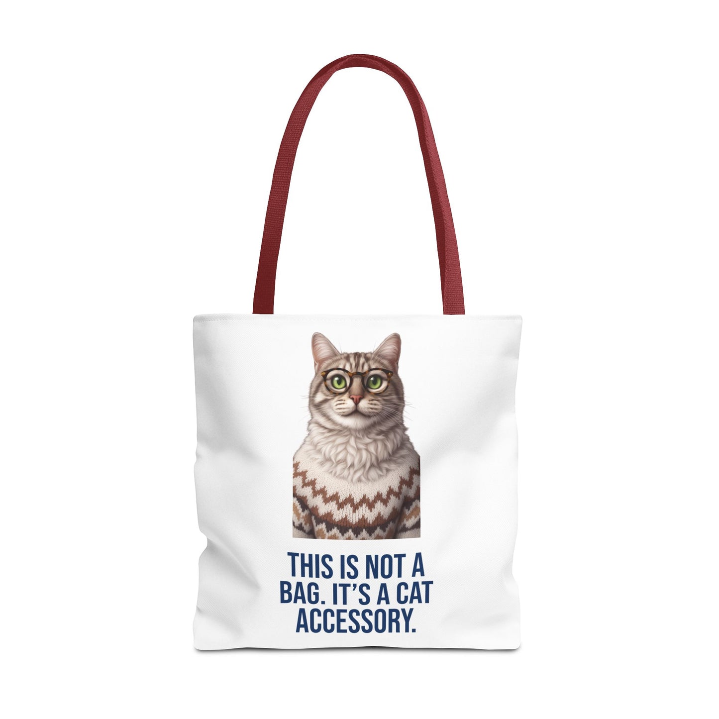 Tabby Cat with Glasses & Nordic Sweater Tote Bag — "This Is Not a Bag. It's a Cat Accessory"