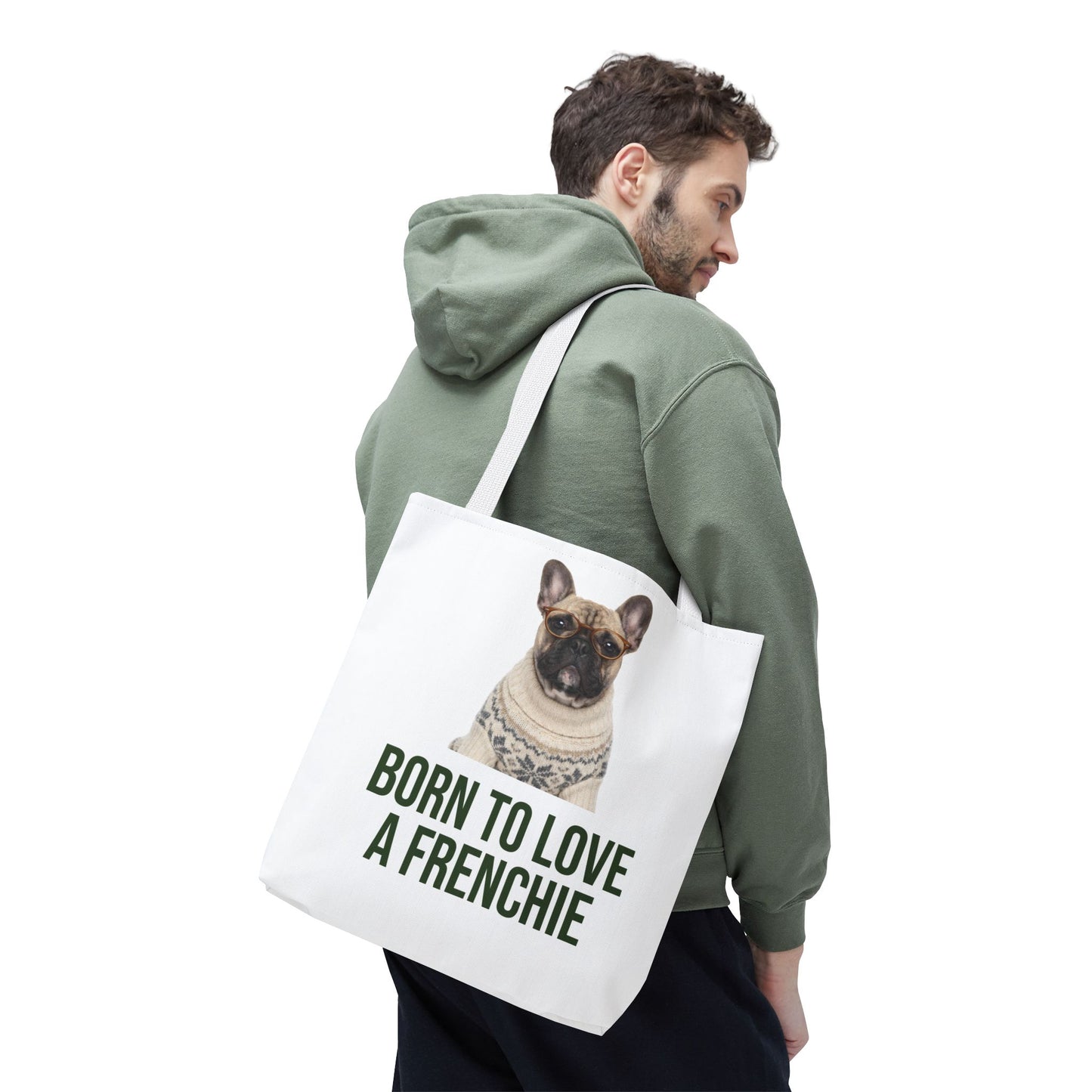Born to Love a Frenchie Tote Bag — French Bulldog Nordic Sweater Design