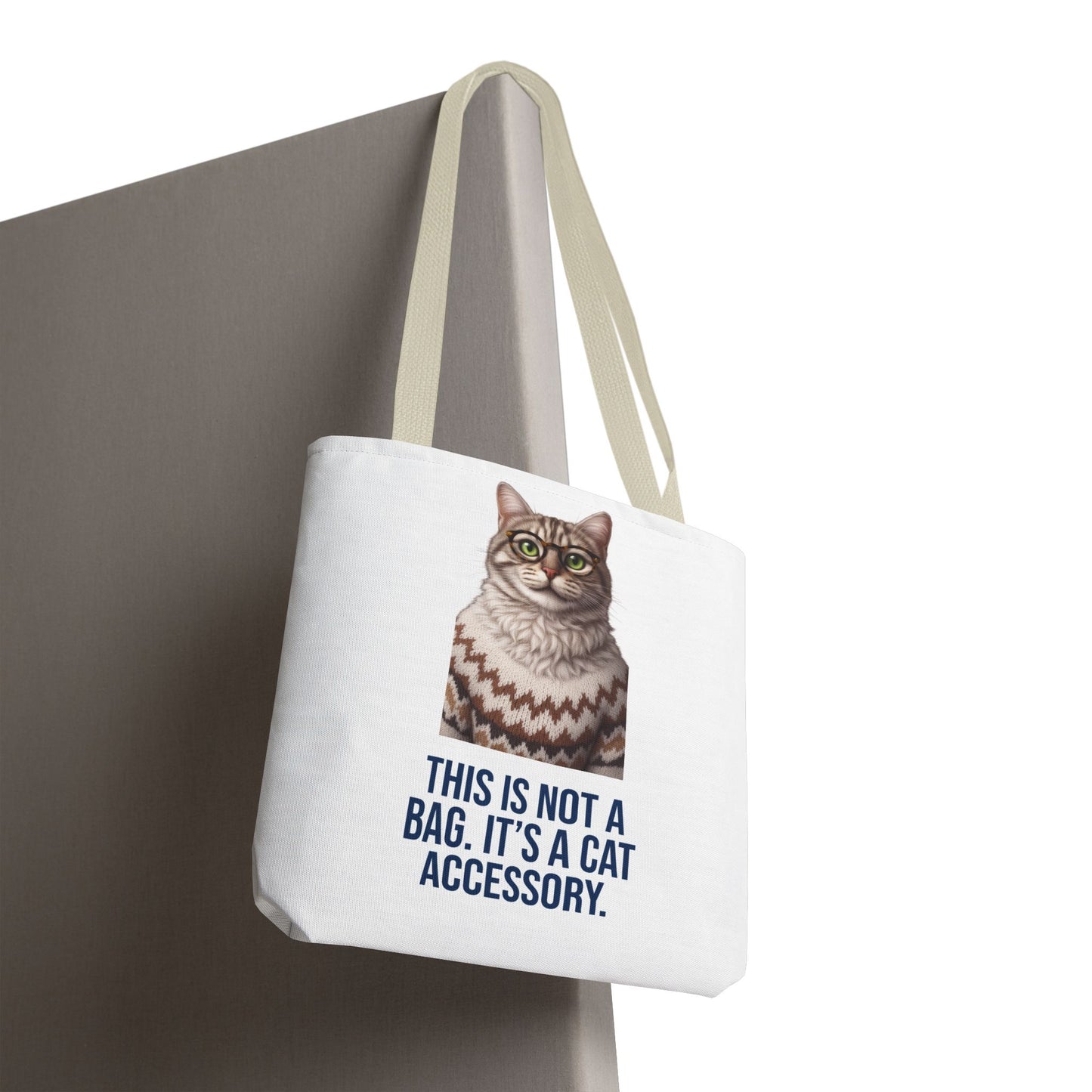 Tabby Cat with Glasses & Nordic Sweater Tote Bag — "This Is Not a Bag. It's a Cat Accessory"
