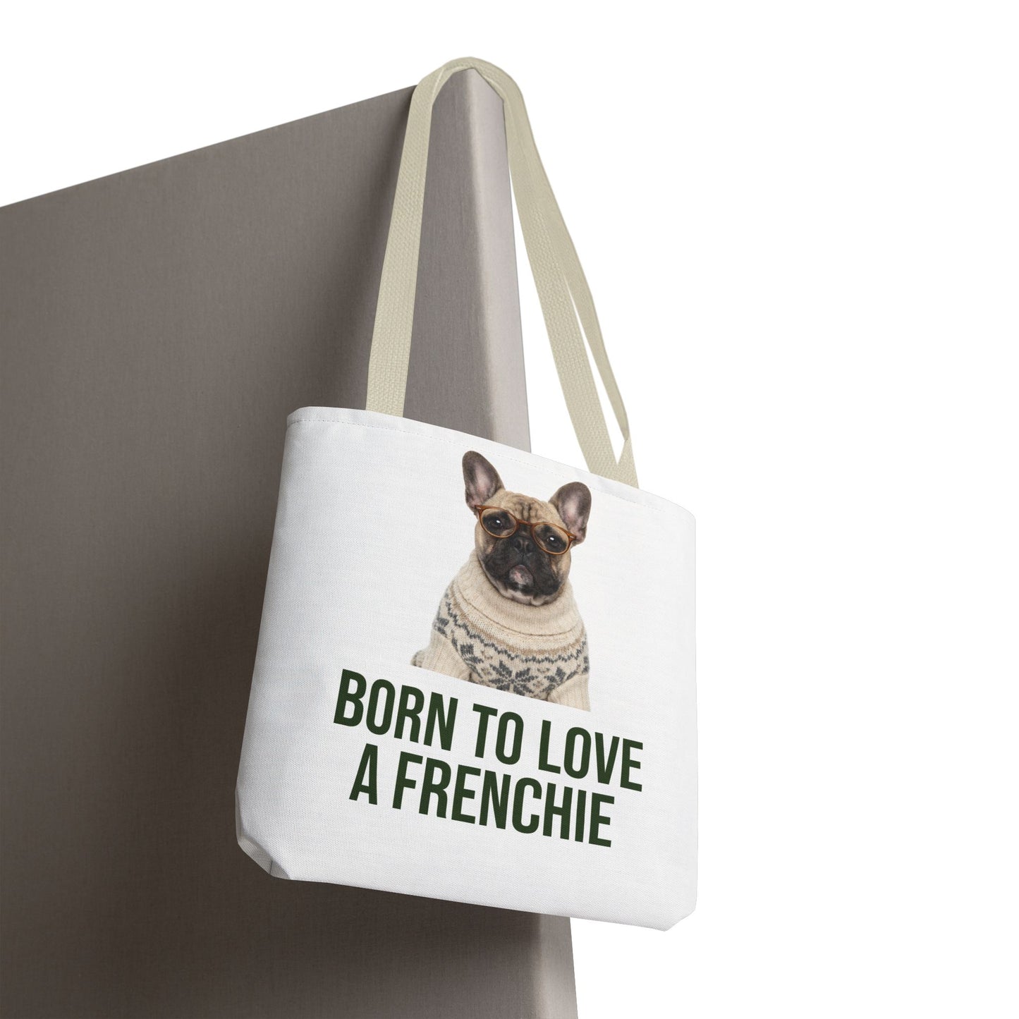 Born to Love a Frenchie Tote Bag — French Bulldog Nordic Sweater Design
