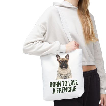 Born to Love a Frenchie Tote Bag — French Bulldog Nordic Sweater Design