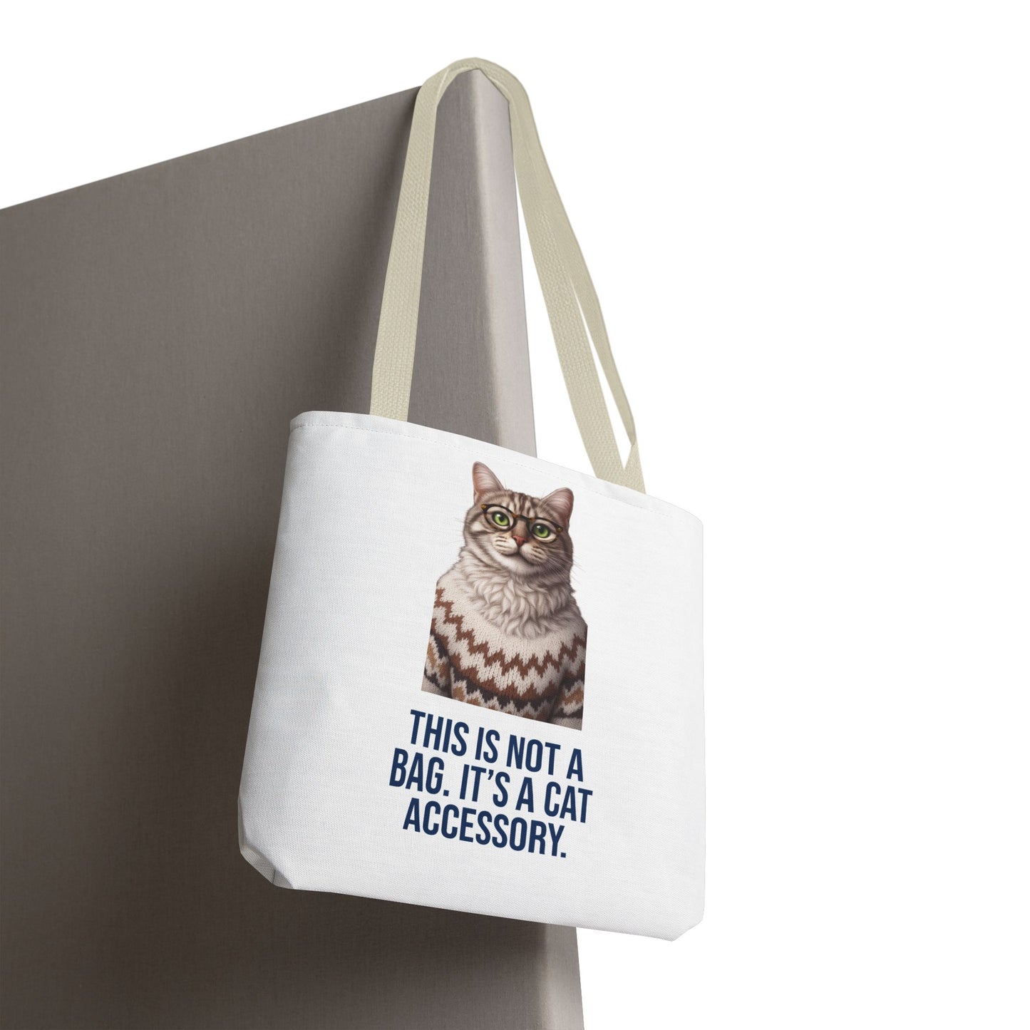 Tabby Cat with Glasses & Nordic Sweater Tote Bag — "This Is Not a Bag. It's a Cat Accessory"