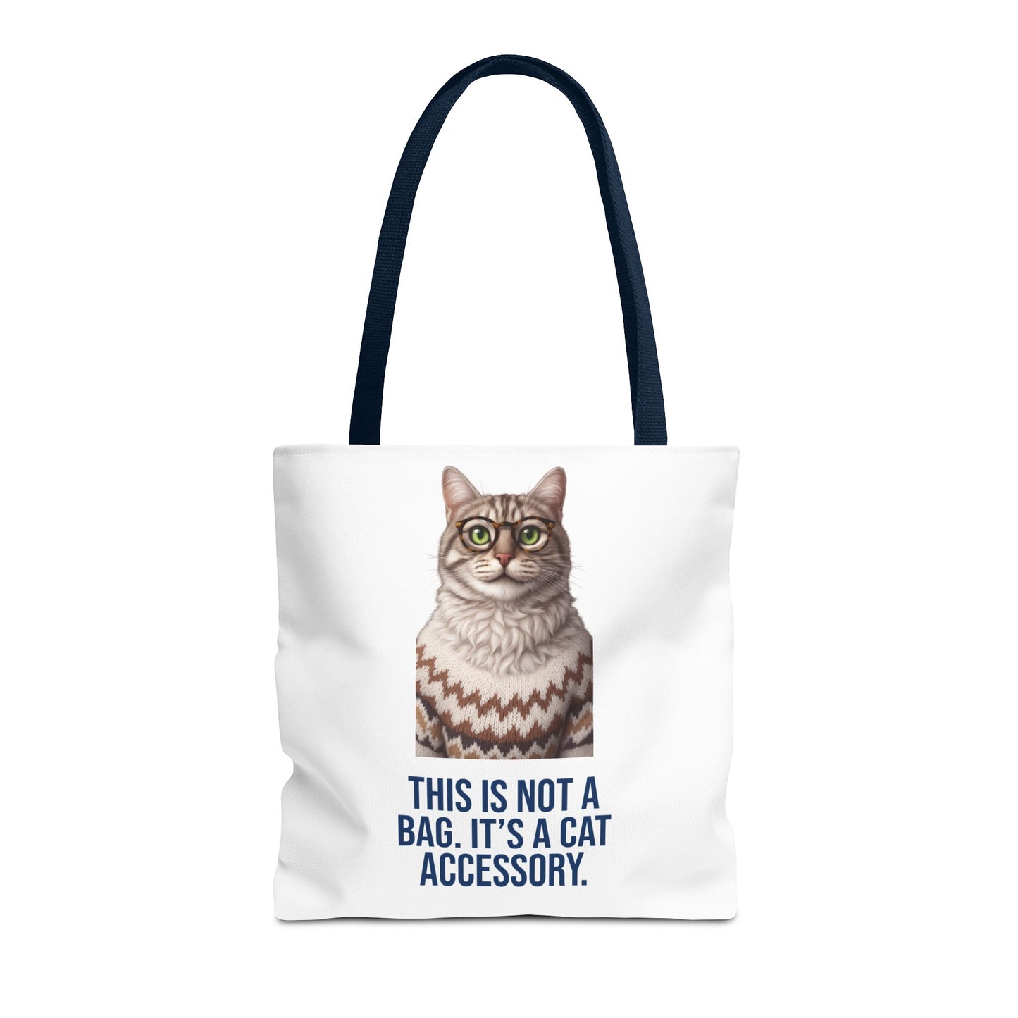 Tabby Cat with Glasses & Nordic Sweater Tote Bag — "This Is Not a Bag. It's a Cat Accessory"
