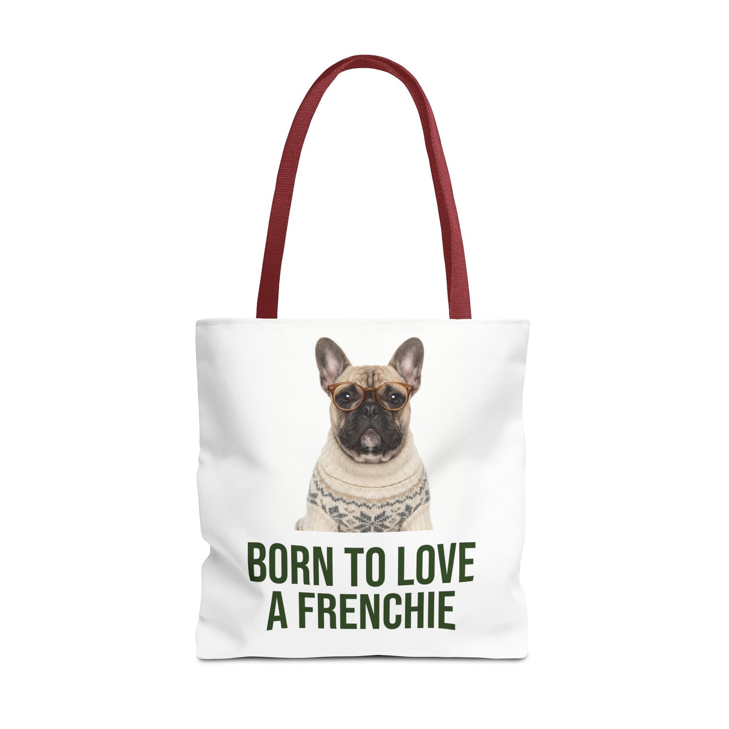 Born to Love a Frenchie Tote Bag — French Bulldog Nordic Sweater Design