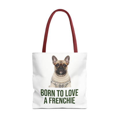 Born to Love a Frenchie Tote Bag — French Bulldog Nordic Sweater Design