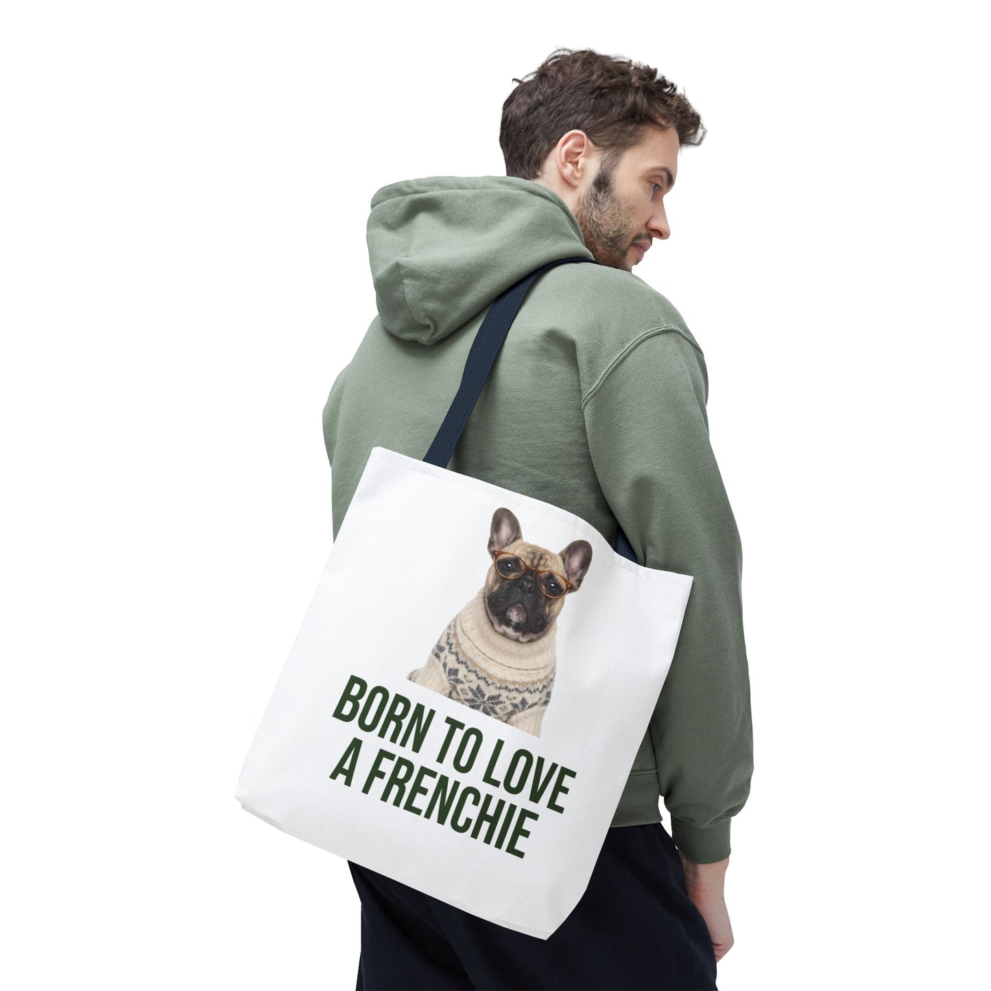 Born to Love a Frenchie Tote Bag — French Bulldog Nordic Sweater Design