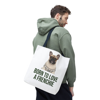 Born to Love a Frenchie Tote Bag — French Bulldog Nordic Sweater Design