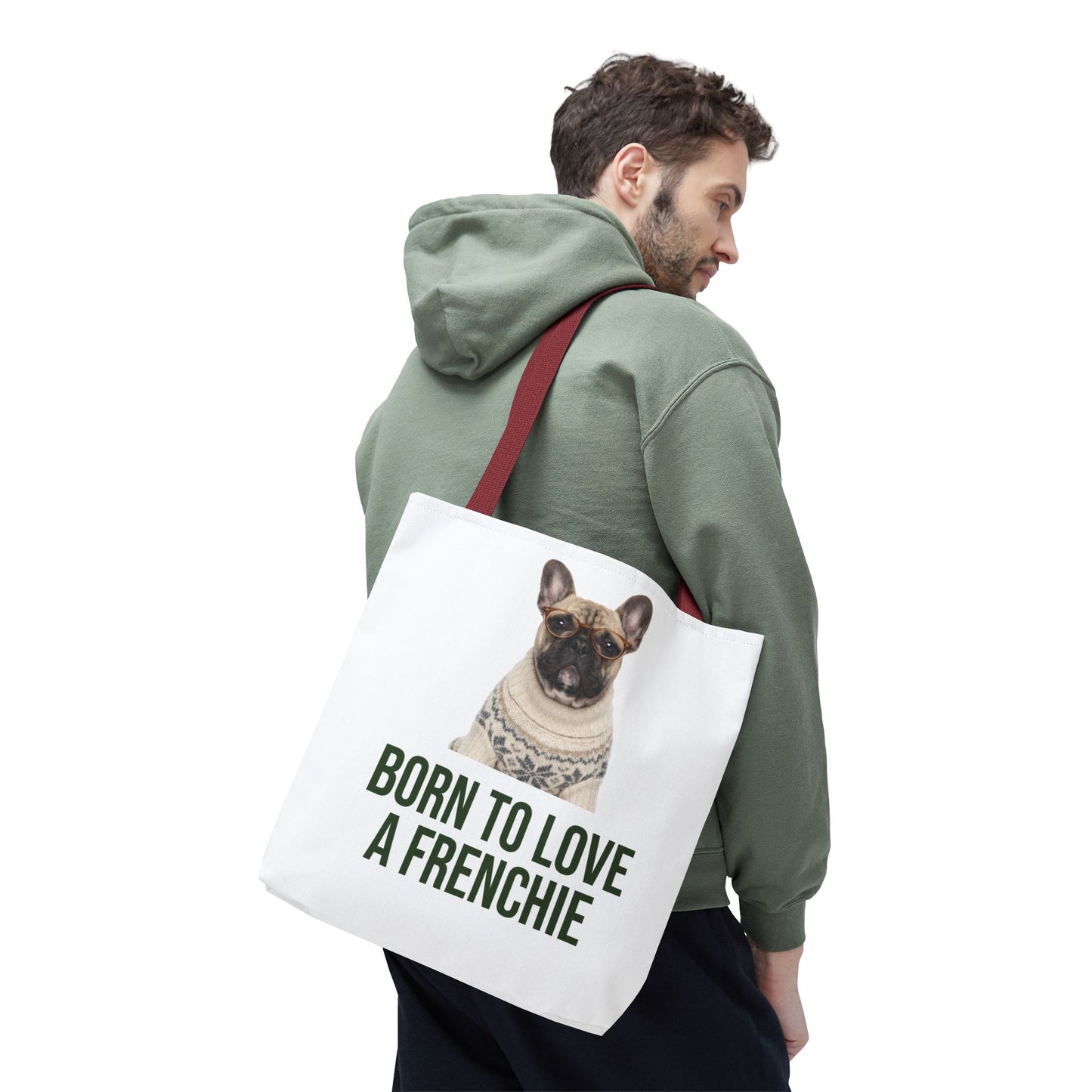 Born to Love a Frenchie Tote Bag — French Bulldog Nordic Sweater Design