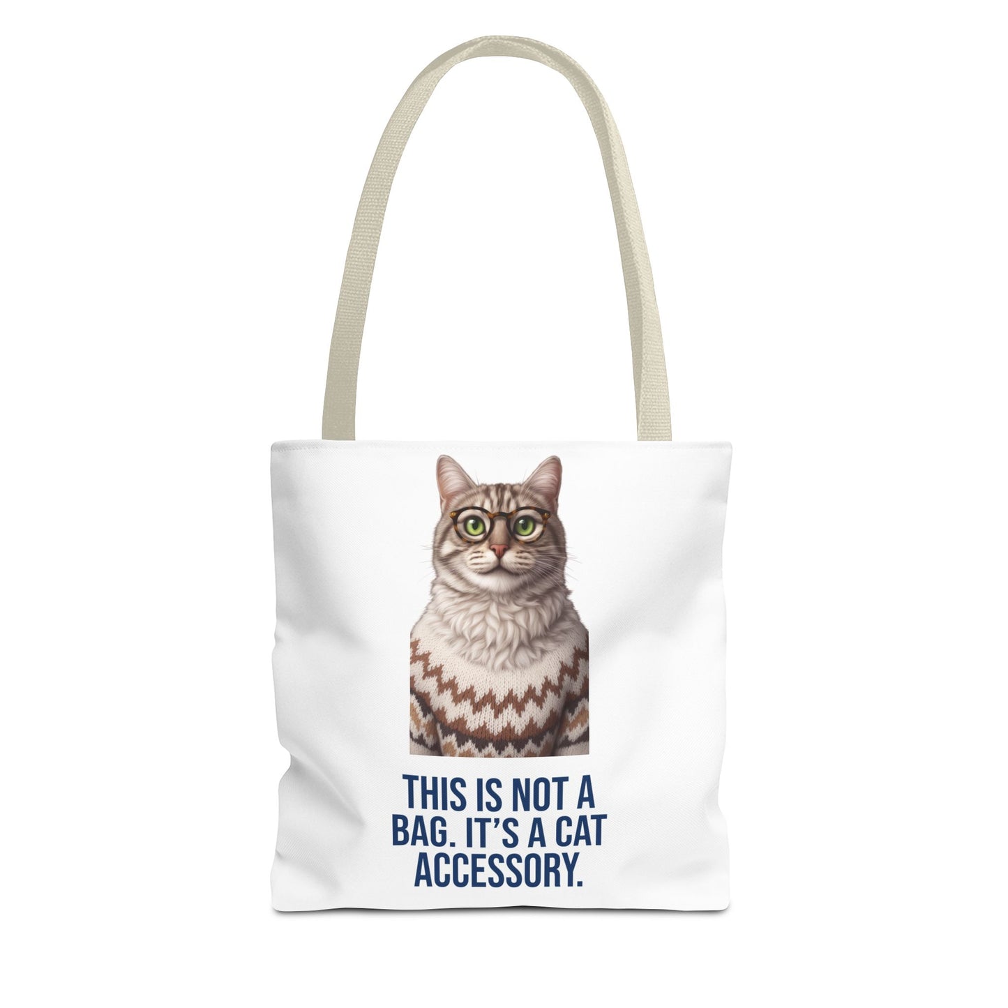 Tabby Cat with Glasses & Nordic Sweater Tote Bag — "This Is Not a Bag. It's a Cat Accessory"