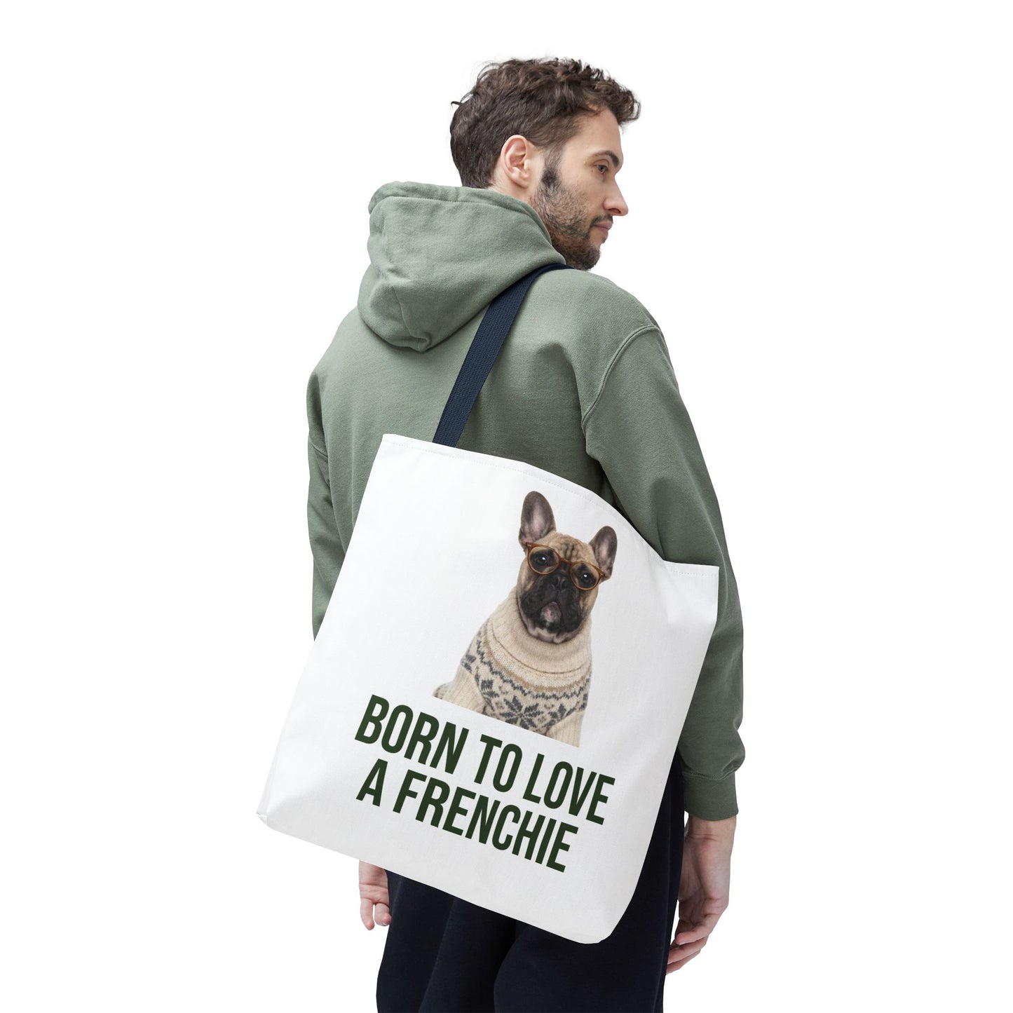 Born to Love a Frenchie Tote Bag — French Bulldog Nordic Sweater Design