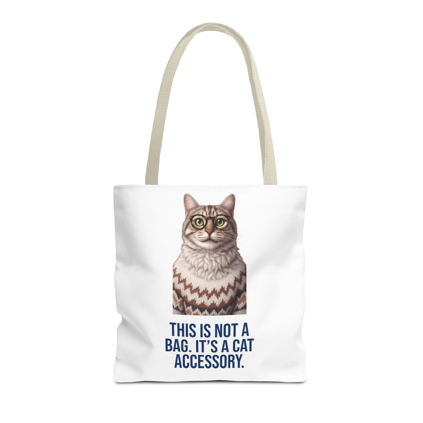 Tabby Cat with Glasses & Nordic Sweater Tote Bag — "This Is Not a Bag. It's a Cat Accessory"