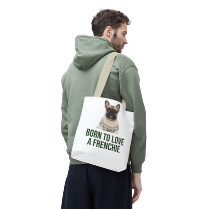 Born to Love a Frenchie Tote Bag — French Bulldog Nordic Sweater Design