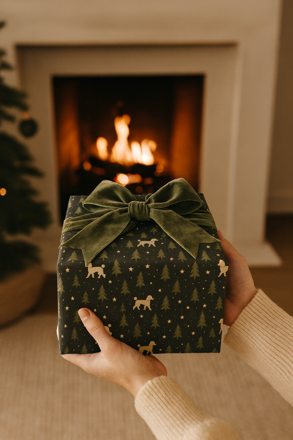 Dark Green Woodland Poodle & Stars Gift Wrap — Holiday Wrapping Paper