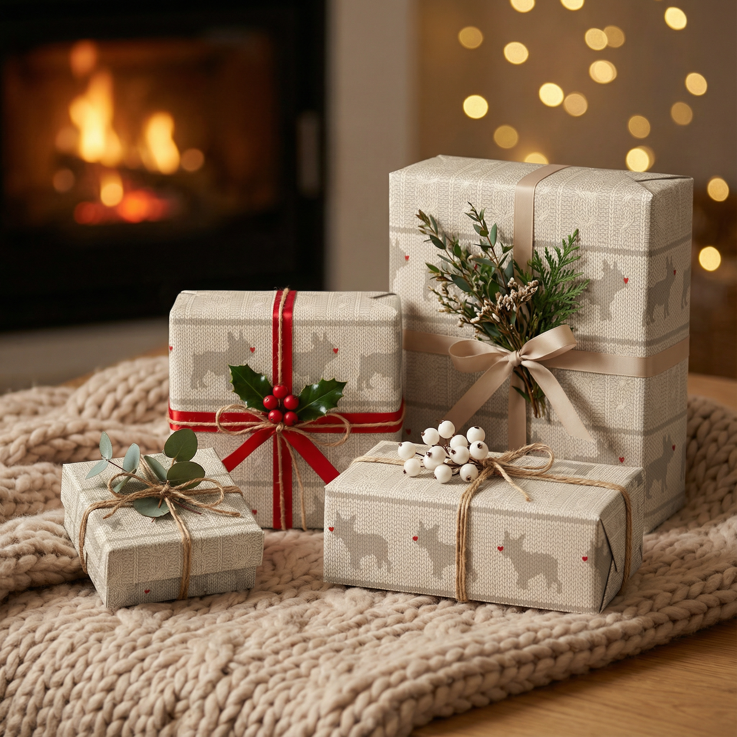 Rustic French Bulldog Kraft Wrapping Paper — Neutral Holiday Gift Wrap (Scandinavian Knit Pattern)