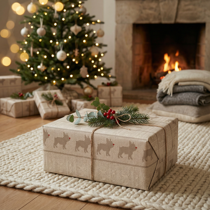 Rustic French Bulldog Kraft Wrapping Paper — Neutral Holiday Gift Wrap (Scandinavian Knit Pattern)