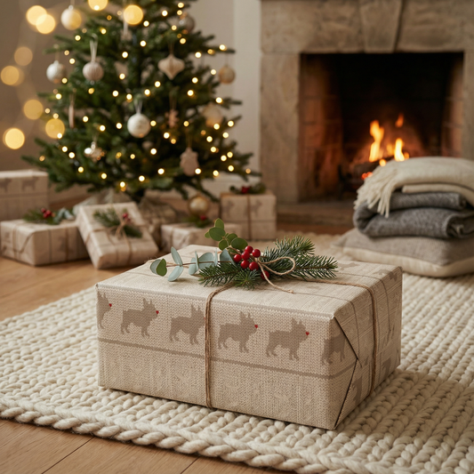 Rustic French Bulldog Kraft Wrapping Paper — Neutral Holiday Gift Wrap (Scandinavian Knit Pattern)