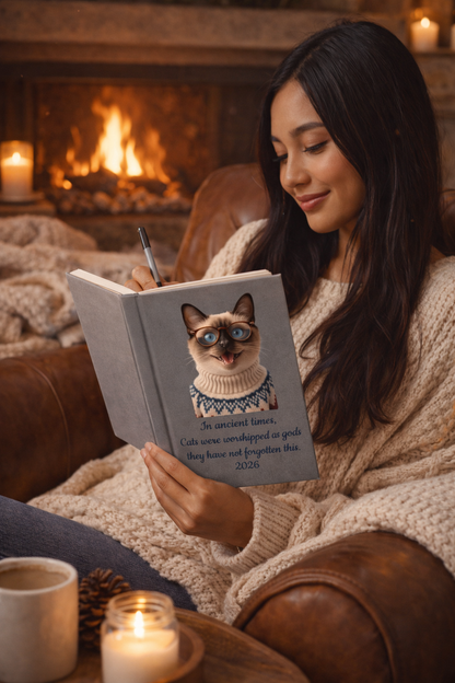 2026 Inspirational Journal — Siamese Cat in Nordic Sweater ("Cats Were Worshipped")