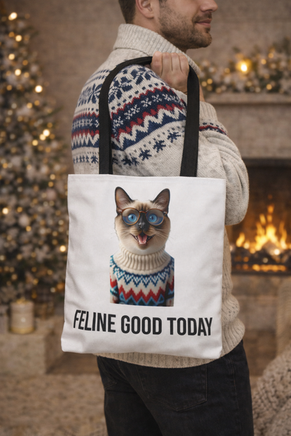 Siamese Cat Tote Bag — “Feline Good Today” Reusable Shopper
