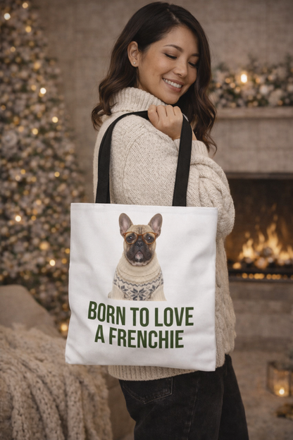 Born to Love a Frenchie Tote Bag — French Bulldog Nordic Sweater Design