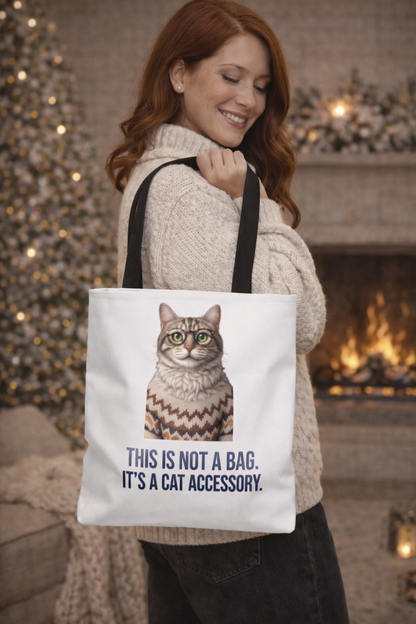 Tabby Cat with Glasses & Nordic Sweater Tote Bag — "This Is Not a Bag. It's a Cat Accessory"