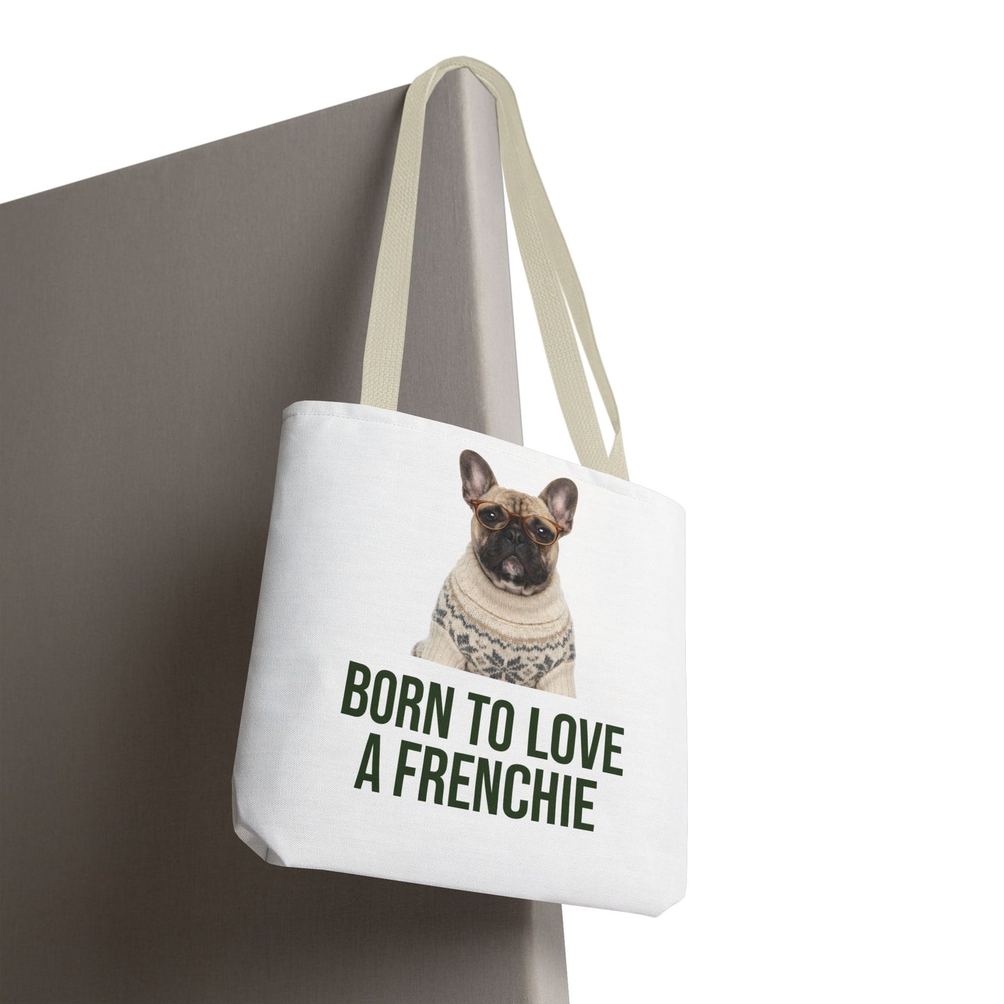 Born to Love a Frenchie Tote Bag — French Bulldog Nordic Sweater Design