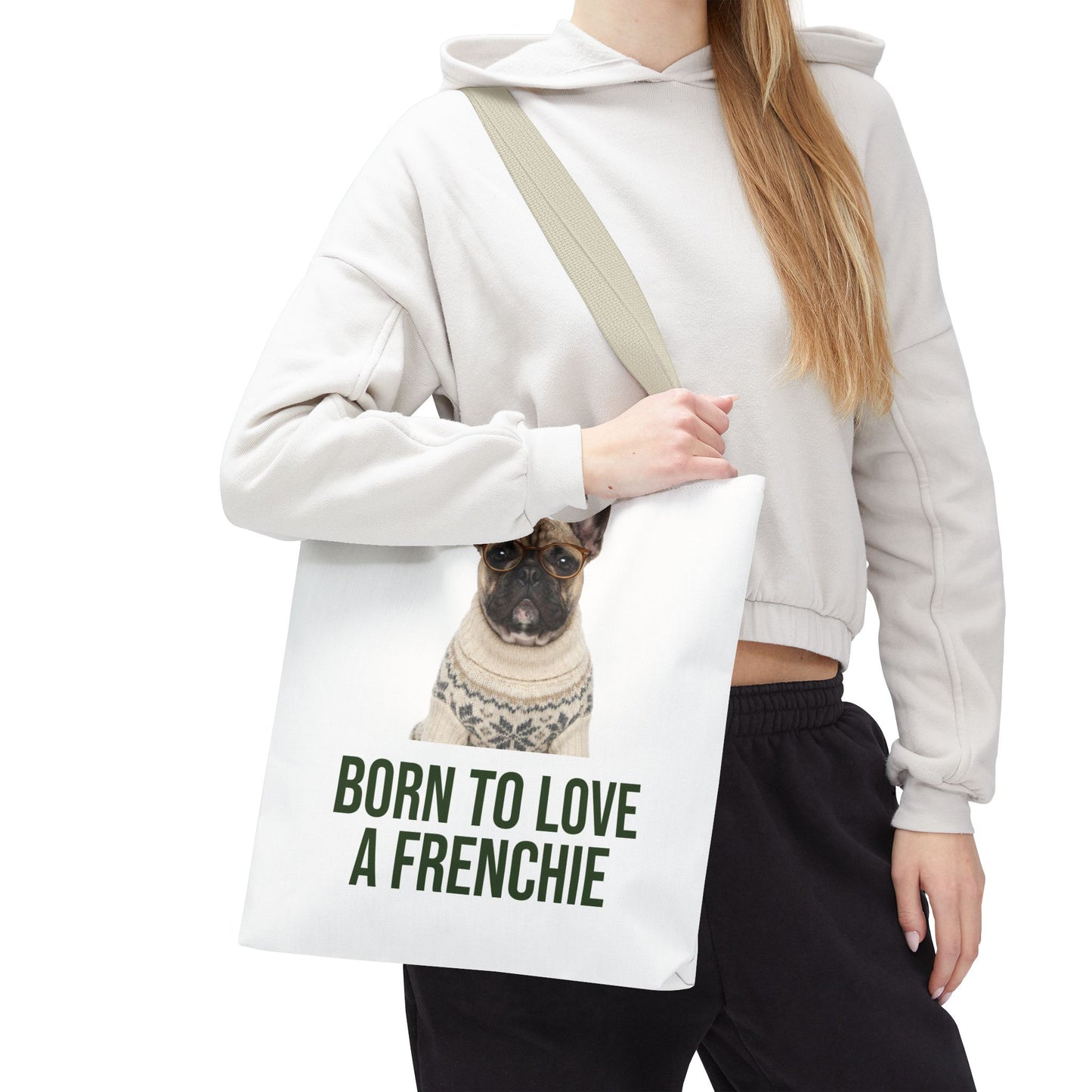 Born to Love a Frenchie Tote Bag — French Bulldog Nordic Sweater Design