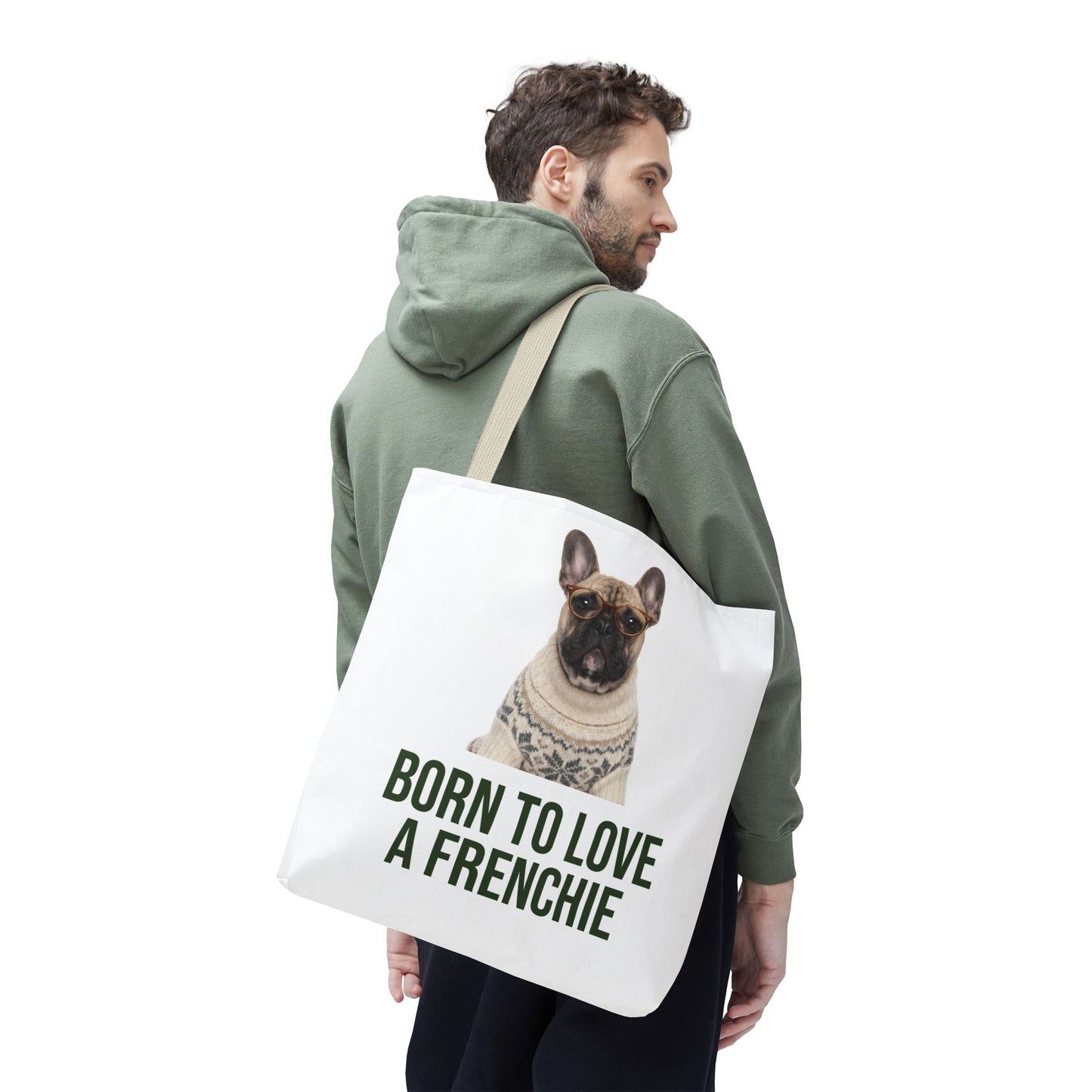Born to Love a Frenchie Tote Bag — French Bulldog Nordic Sweater Design