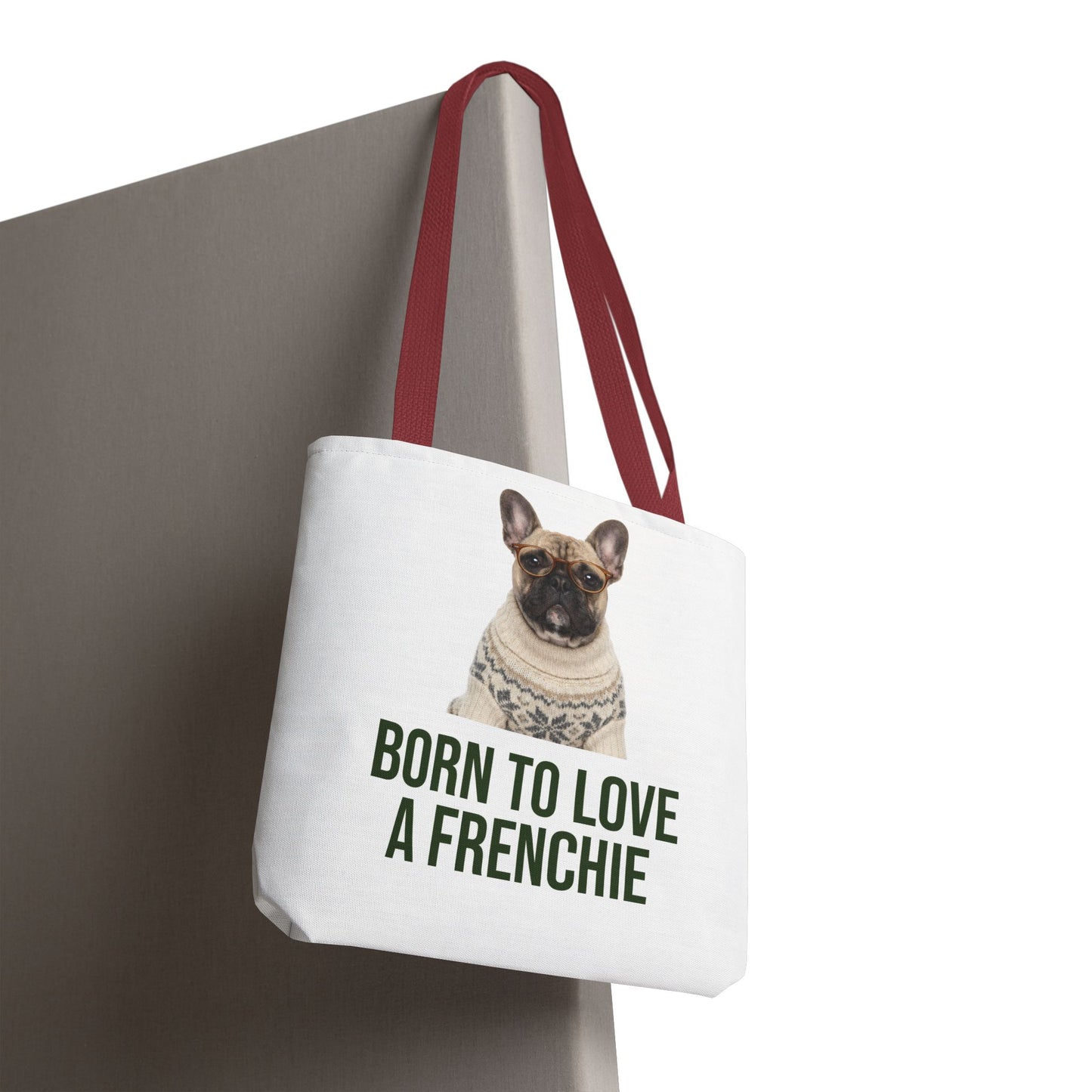 Born to Love a Frenchie Tote Bag — French Bulldog Nordic Sweater Design