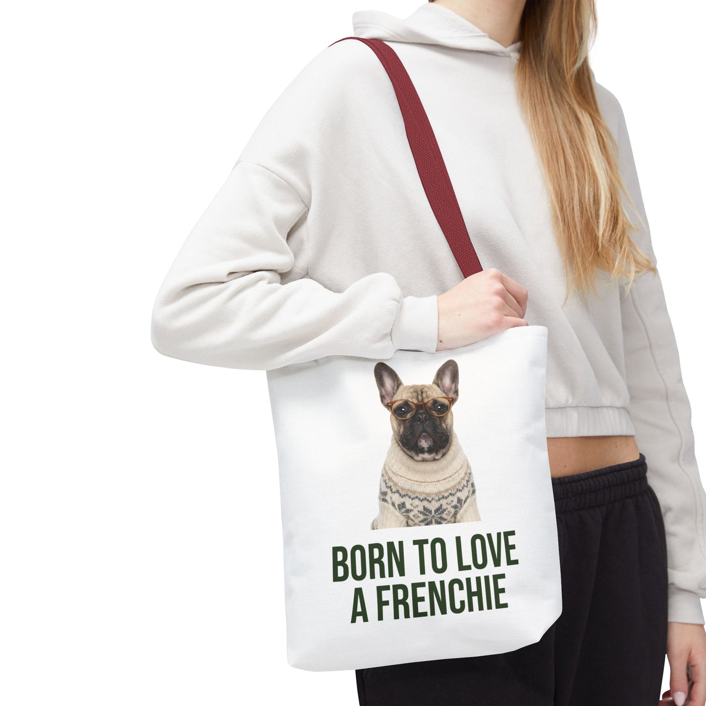 Born to Love a Frenchie Tote Bag — French Bulldog Nordic Sweater Design