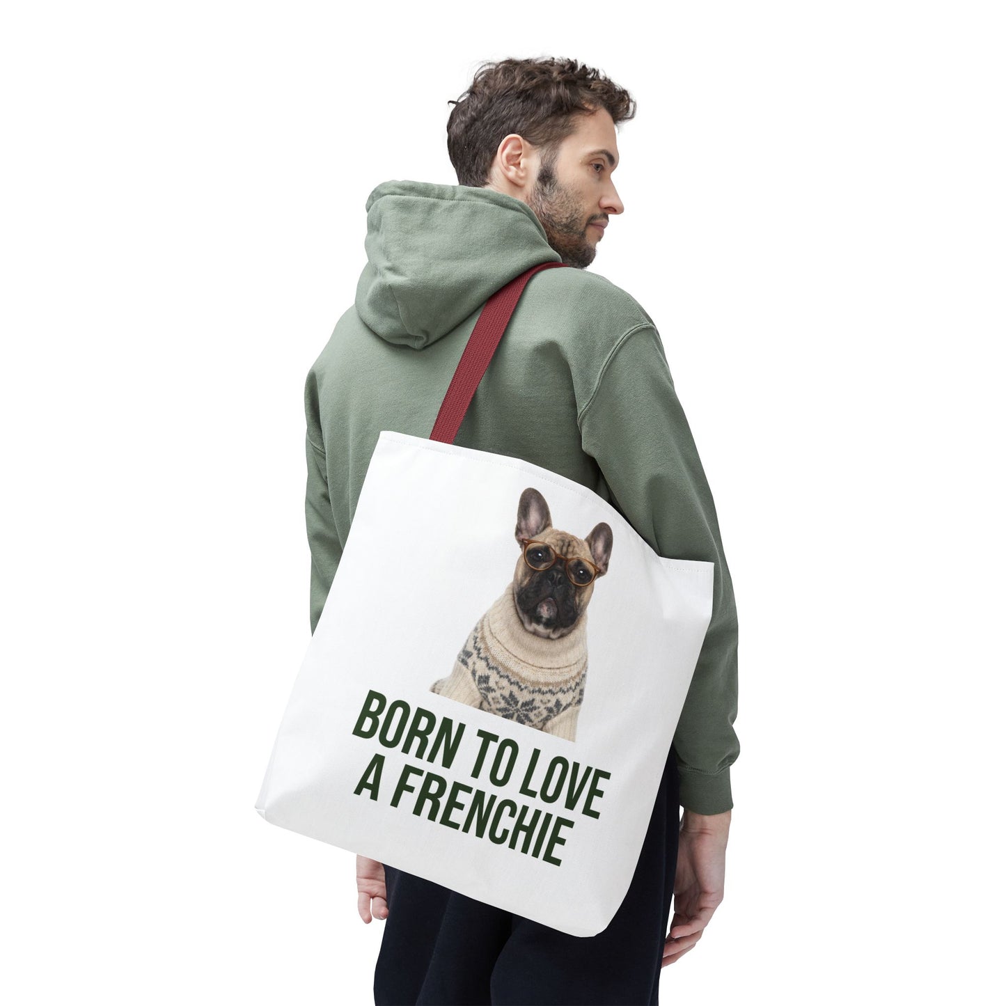 Born to Love a Frenchie Tote Bag — French Bulldog Nordic Sweater Design