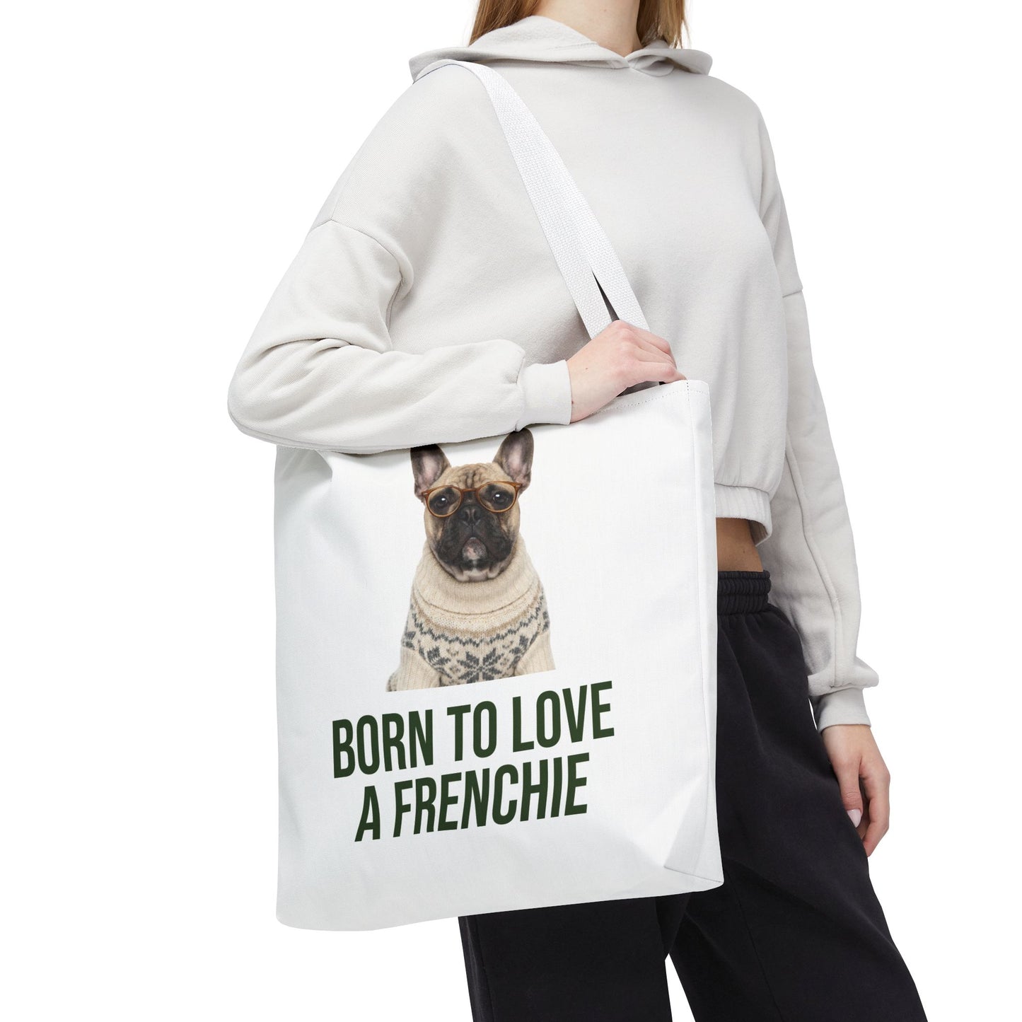 Born to Love a Frenchie Tote Bag — French Bulldog Nordic Sweater Design
