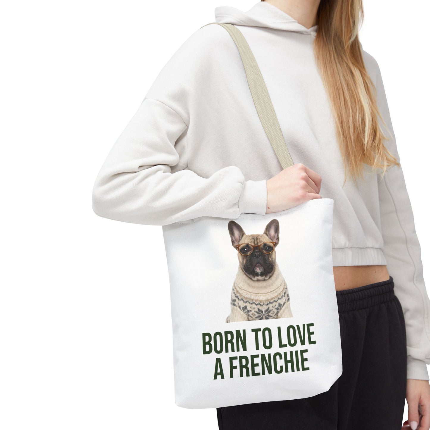 Born to Love a Frenchie Tote Bag — French Bulldog Nordic Sweater Design