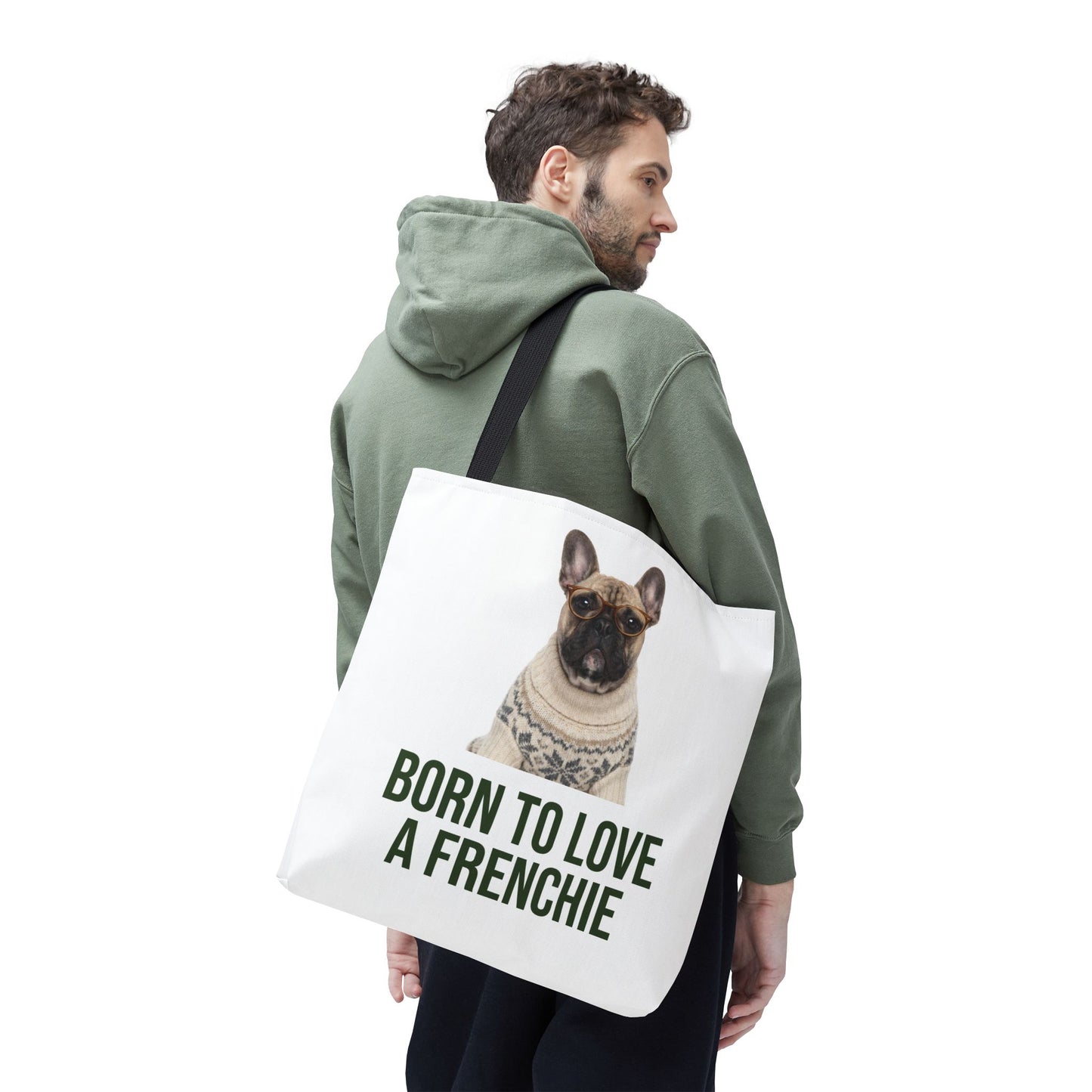 Born to Love a Frenchie Tote Bag — French Bulldog Nordic Sweater Design