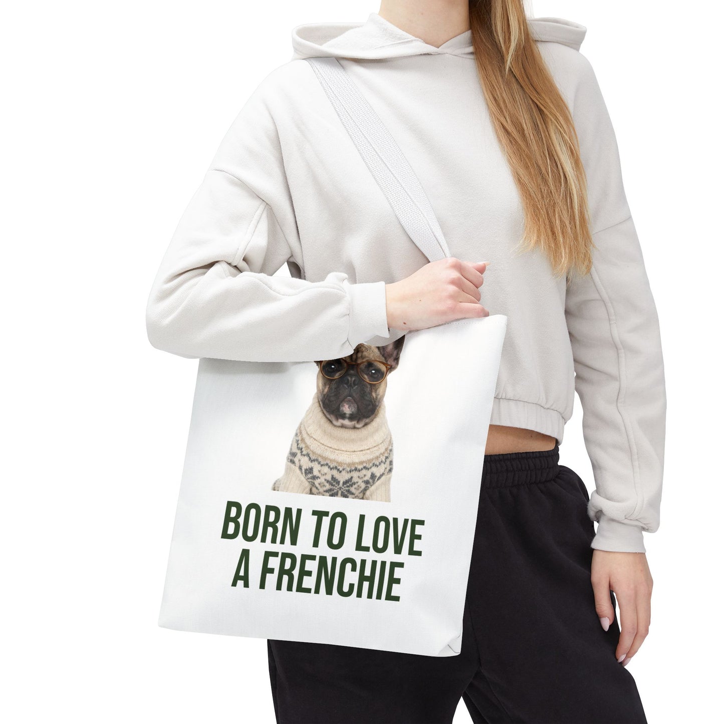 Born to Love a Frenchie Tote Bag — French Bulldog Nordic Sweater Design